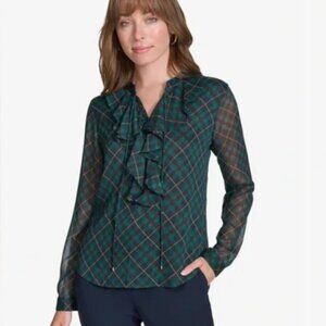 Tommy Hilfiger Green Plaid Ruffle Blouse Size Large L Women's